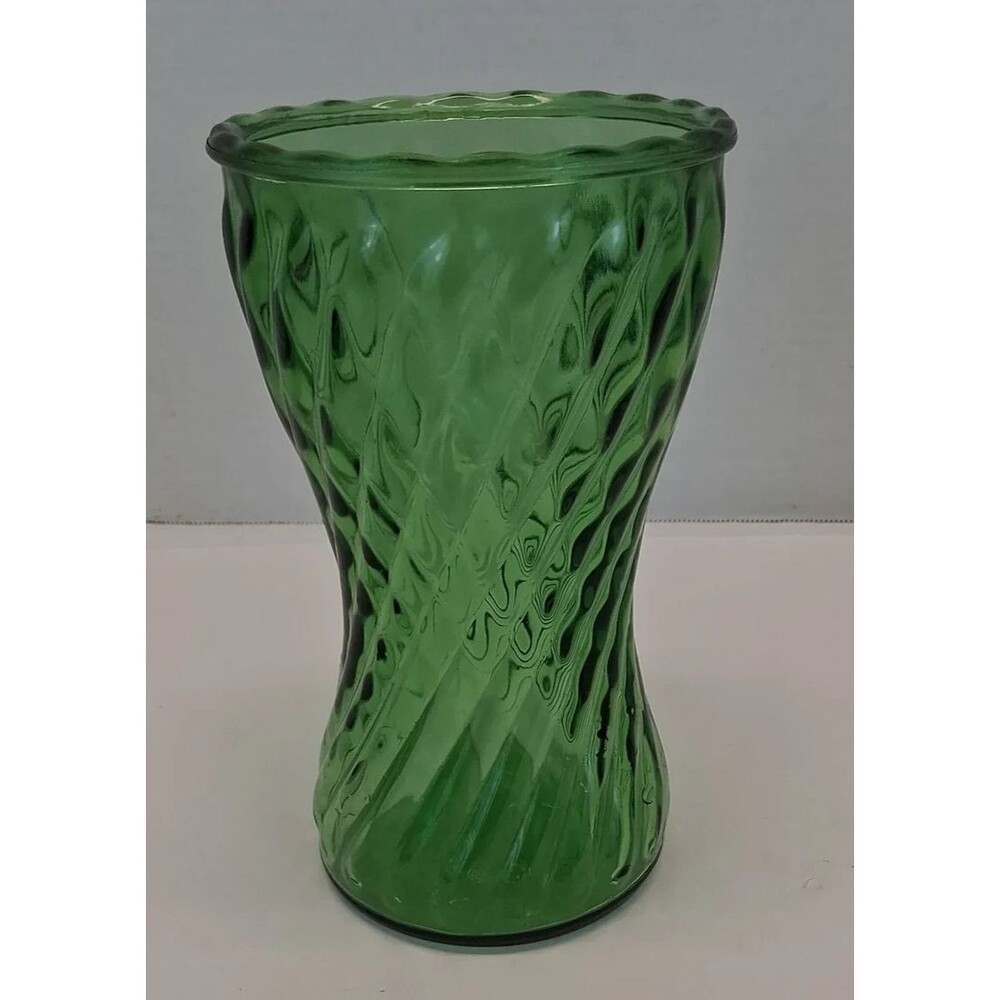 VTG Glass Vase Hoosier Emerald Green Optical Swirl 8" Bouquet MCM Randall 1960s